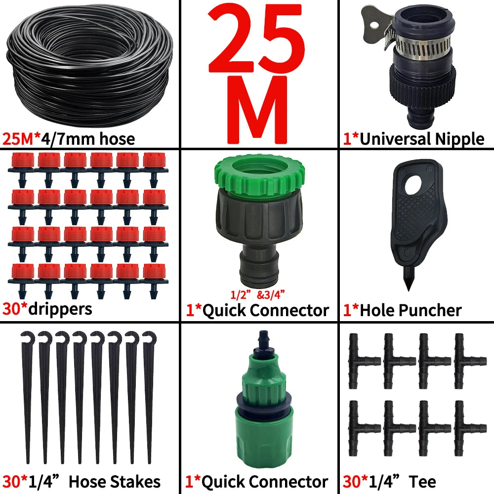 25m micro drip irrigation kit with black hose, red drippers, green connectors, tee, stakes
