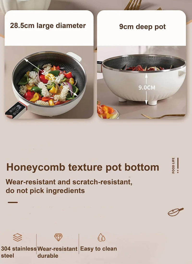 Electric non-stick cooking pot with white base and control display, large round cooking bowl