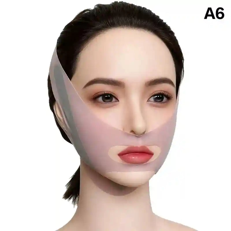 Woman wearing a light pink, smooth fabric V-line chin lifting mask that secures around her ears and jaw.