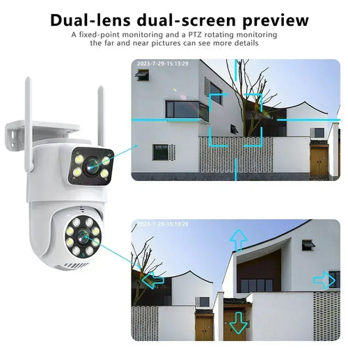 Dual-lens PTZ WiFi security camera with dual-screen preview of yard and door views