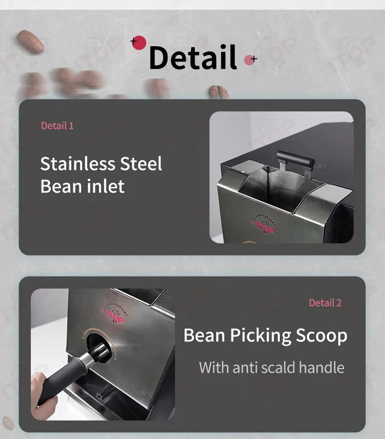 ITOP coffee bean roaster detail showing stainless steel bean inlet and picking scoop with anti-scald handle.