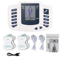 White EMS electrostimulator device with 12-mode LCD display, electrode pads, cables, and manual for pain relief.