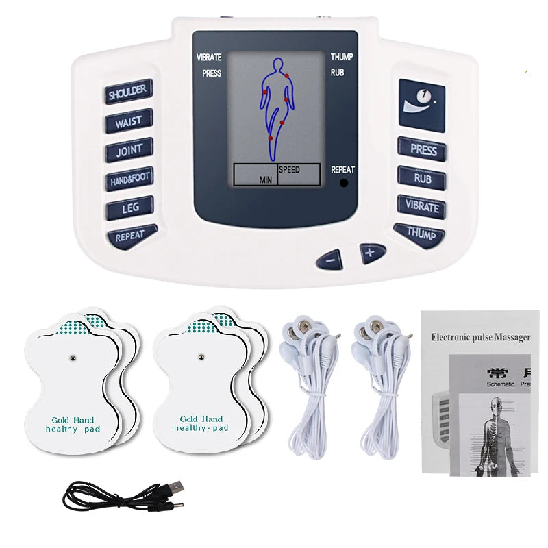 White EMS electrostimulator device with 12-mode LCD display, electrode pads, cables, and manual for pain relief.