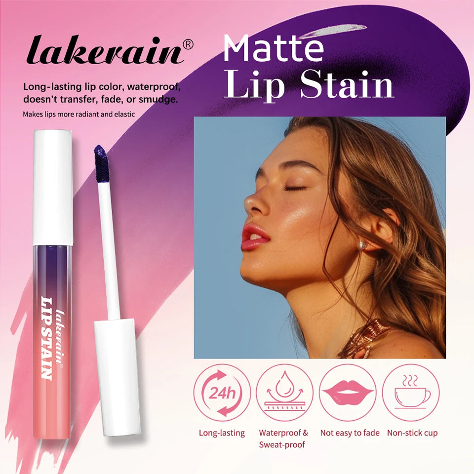 Lakerain waterproof, transfer-proof matte peel-off lip stain in a gradient tube with applicator. Long-lasting lip makeup.