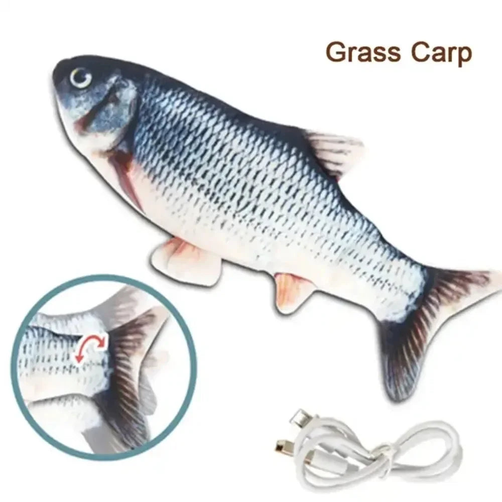 Electric simulation fish toy for cats and dogs. Soft plush USB-rechargeable interactive chew toy for dental health.