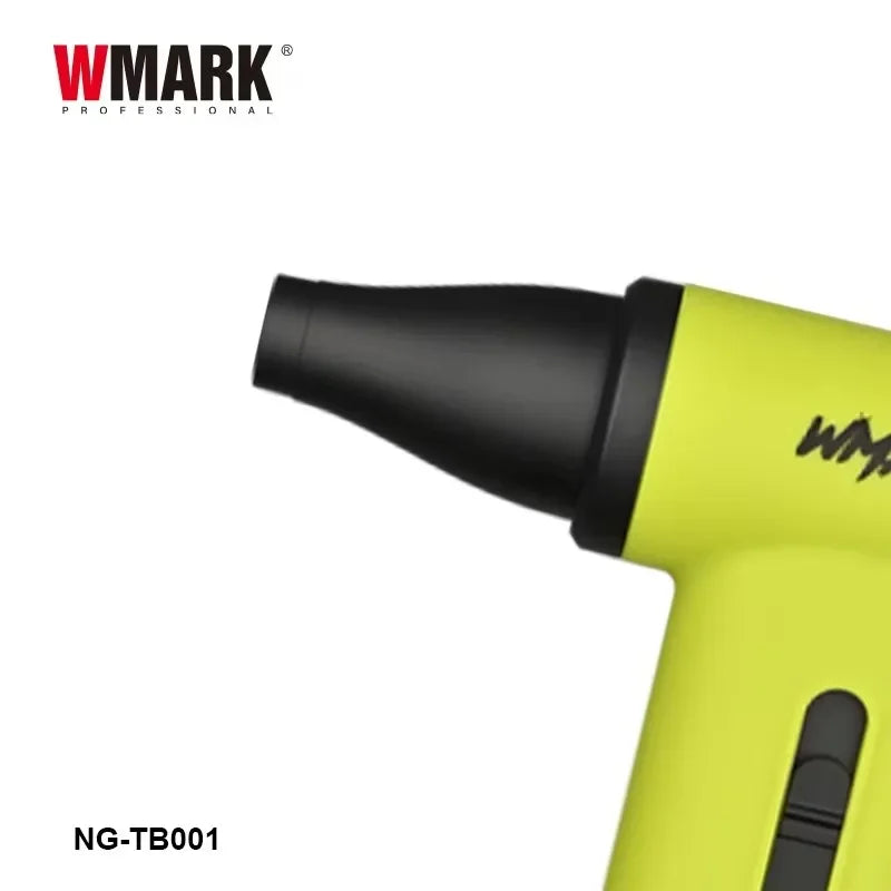 WMARK NG-TB001 neon yellow cordless hair dryer with powerful brushless motor and precision styling attachment.