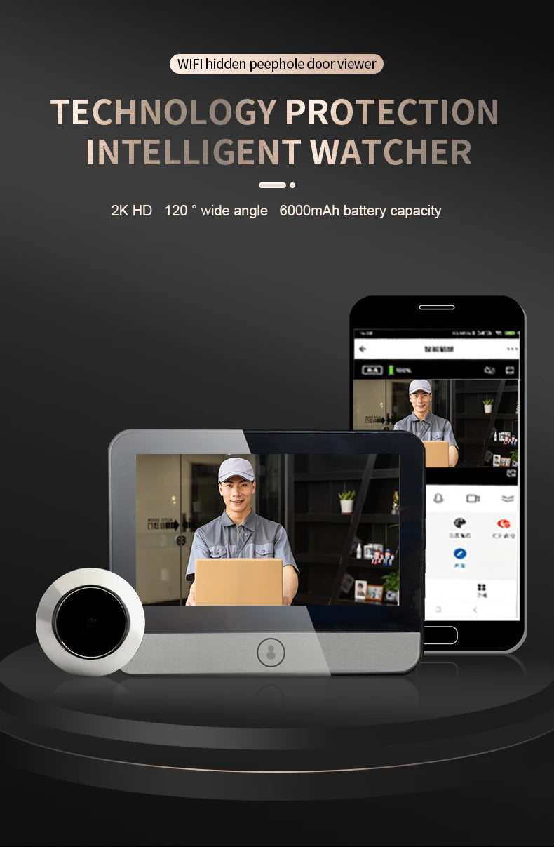 4.3 "IPS Large Capacity Display Doorbell Peep Hole Smart Cat Eye Digital Door Camera 120 ° 2K300W Pixel Doorbell Outdoor Monitor