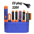 Blue and orange 6-in-1 hair styler set with dryer, curling barrels, and brushes in a matching storage case (EU plug).