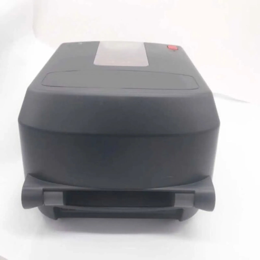 Barcode label printer part, front view with black casing and output slot