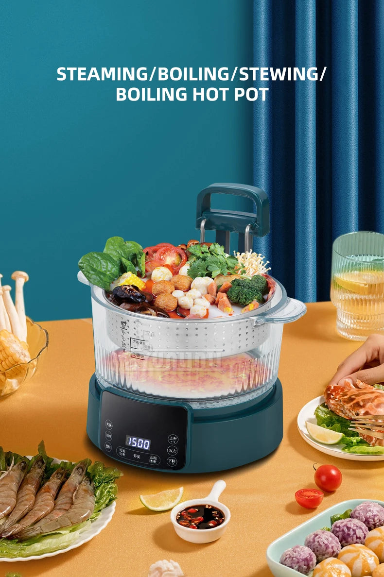 3L electric hot pot steamer with stainless steaming basket and glass lid, meal ingredients