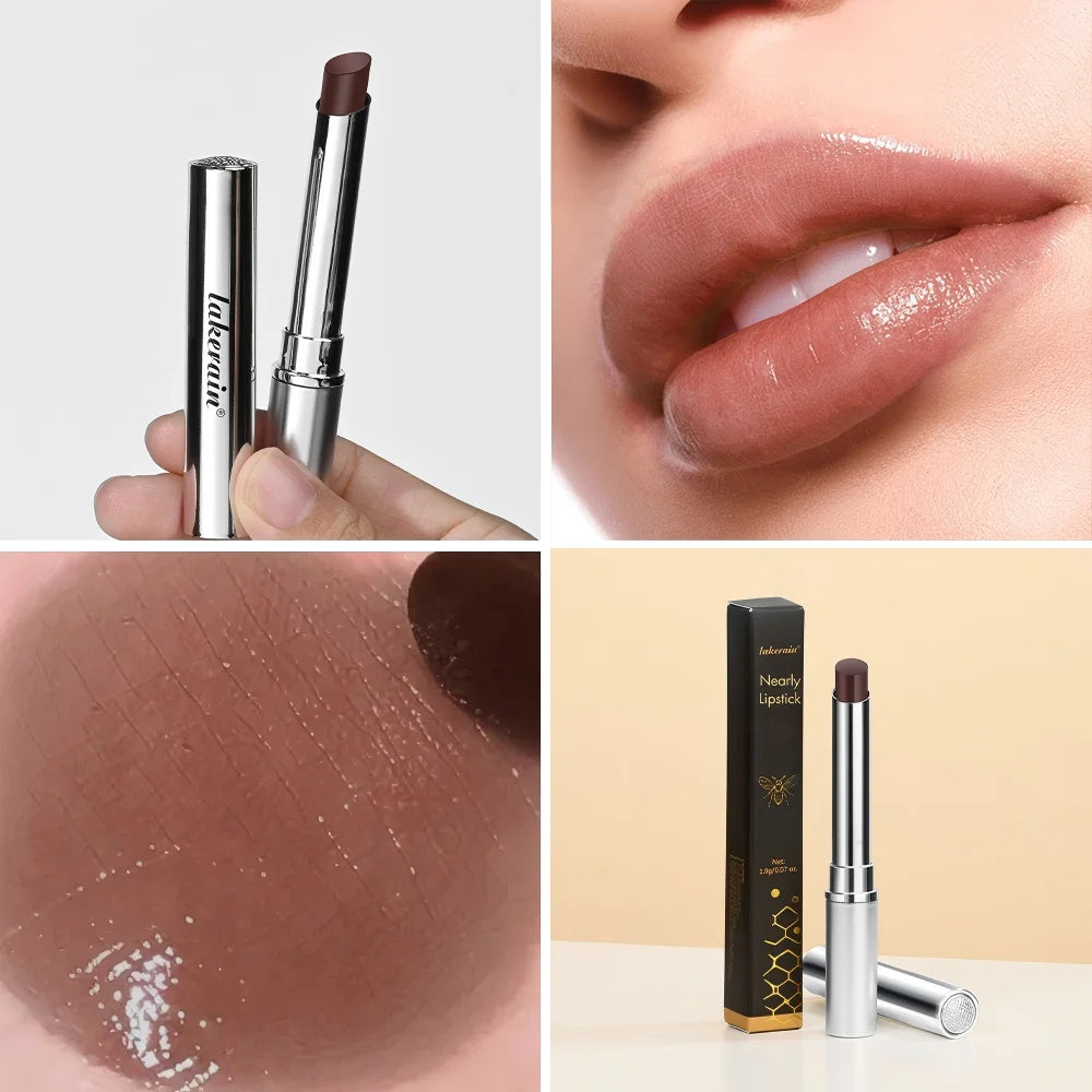 Moisturizing honey lip balm lipstick in a metallic tube, showing a glossy nude-brown swatch and plump, nourished lips.