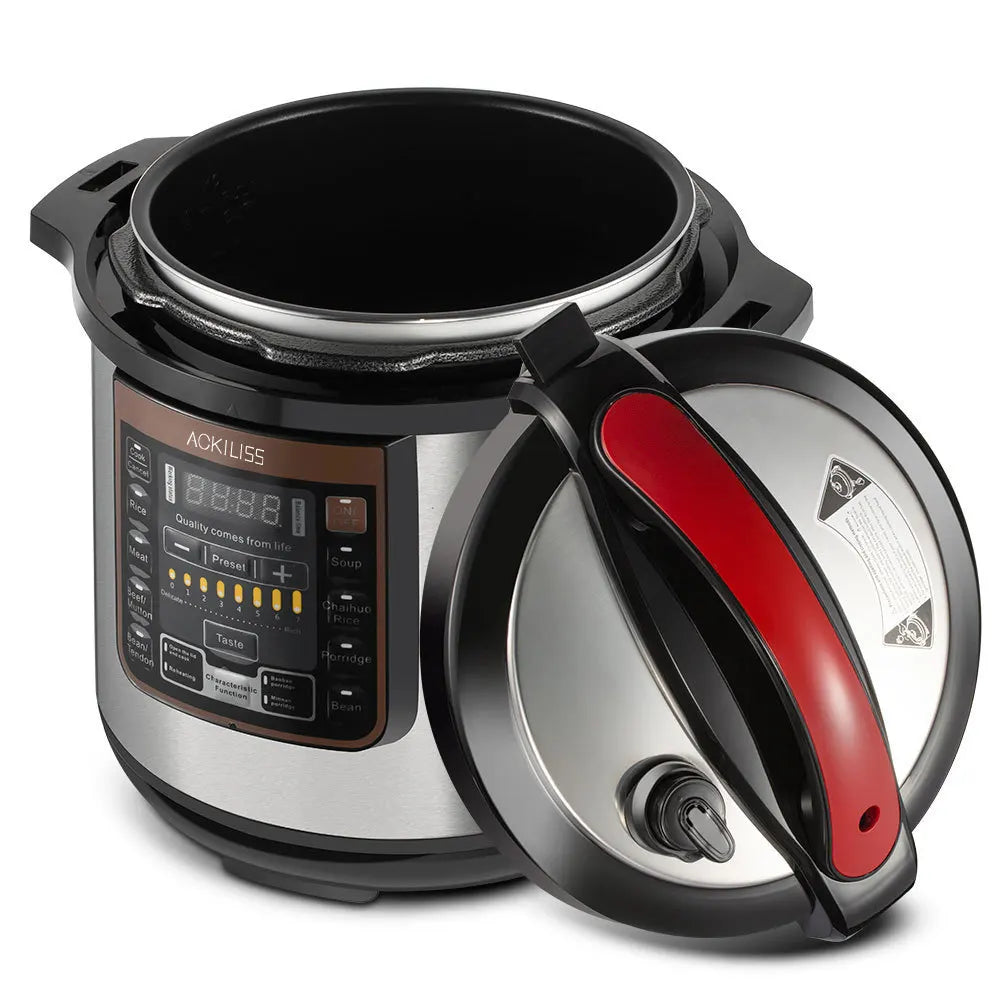 Electric pressure cooker with red handle, black lid, stainless steel pot and front control panel
