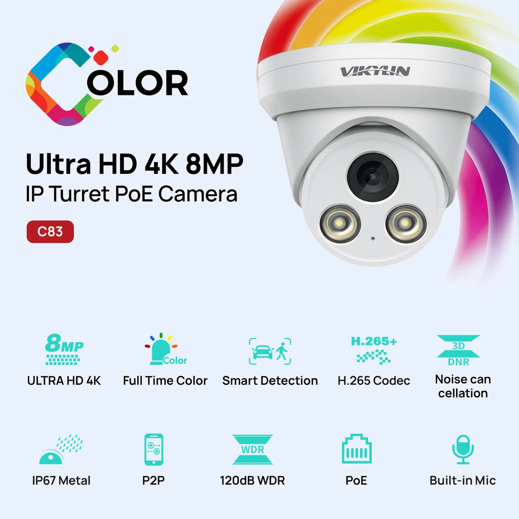 VIKYLIN 5/8MP Full Color IP Camera Outdoor POE Onvif Wide Angle 2.8mm AI Humanoid Detection Home CCTV Surveillance Camera IP67
