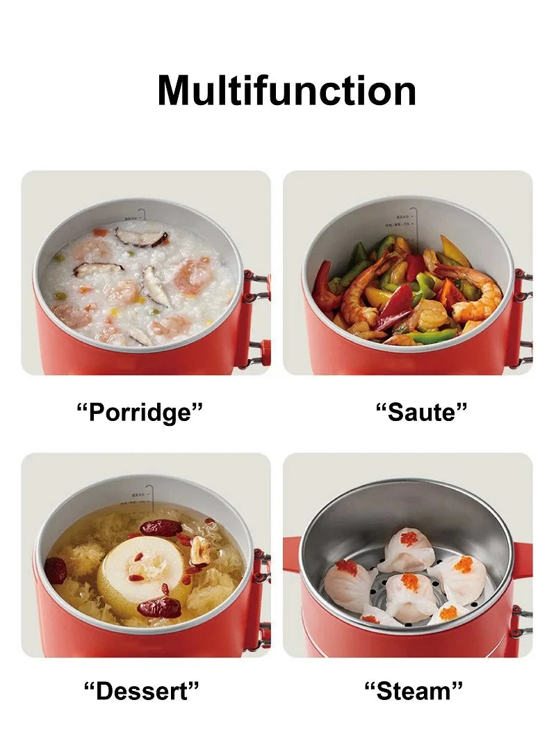 Red electric cooking pot with inner pot showing “Porridge”, “Saute”, “Dessert”, “Steam”