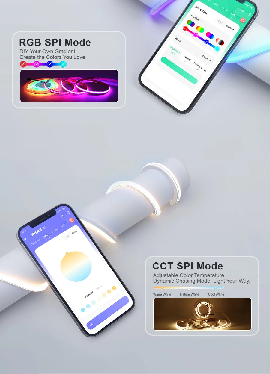 WS2811 Dual IC RGBCCT COB LED Strip Light High Density Chasing Running Addressable RGB LED Tape Support 3000K-6000K CCT Dimmable