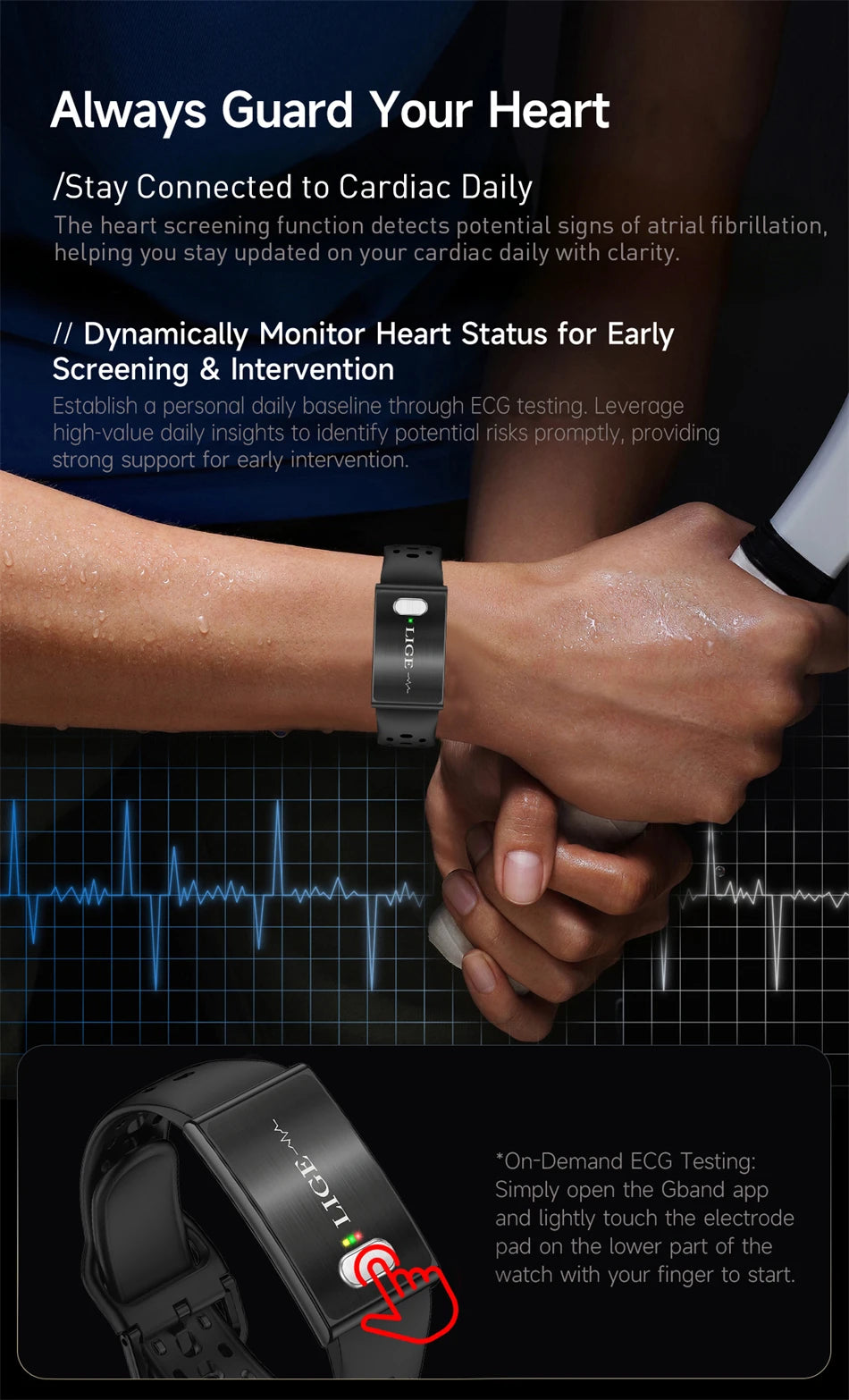 LIGE ECG HRV Health Smart Bracelet Heart Rate Blood Pressure Monitoring Body Fat BMI Body Temperature Fitness Tracker Smartwatch