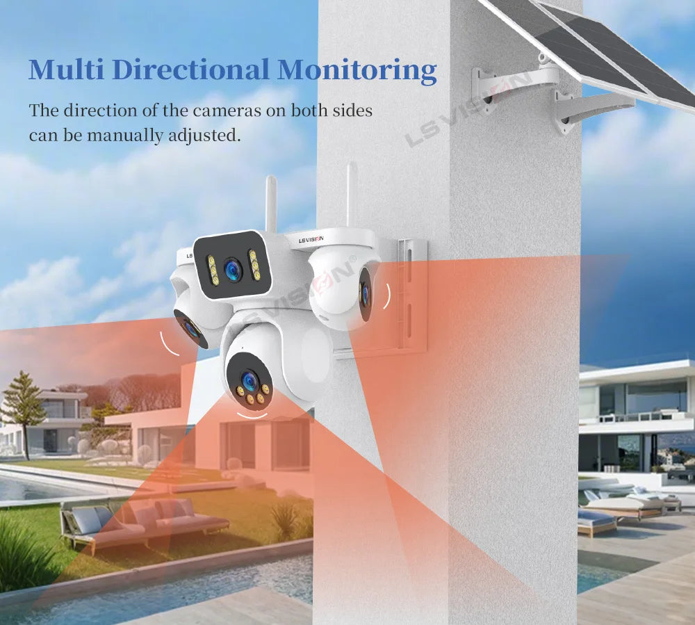 LS VISION 20MP Four Screens Solar Security Camera Outdoor 12X Zoom 4-Lens 4G Sim Ai Tracking Waterproof CCTV 24/7 Recording AOV