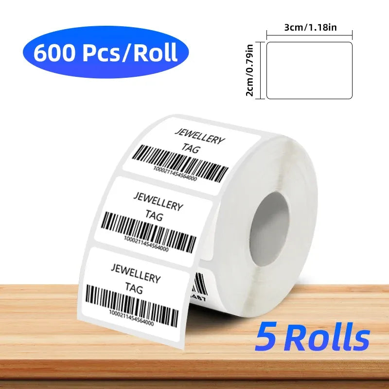 Coreless white thermal label roll with 600 labels per roll, jewellery tag labels