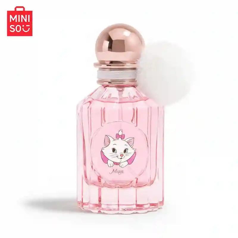 Miniso x Disney Marie 50ml floral fruity women's perfume in a pink fluted bottle with a white pom-pom cap.