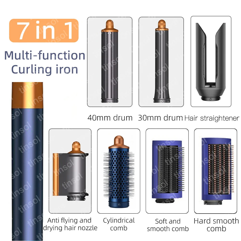 7-in-1 high-speed ionic hair dryer set with gold and grey styling attachments, curling barrels, and smooth brushes.