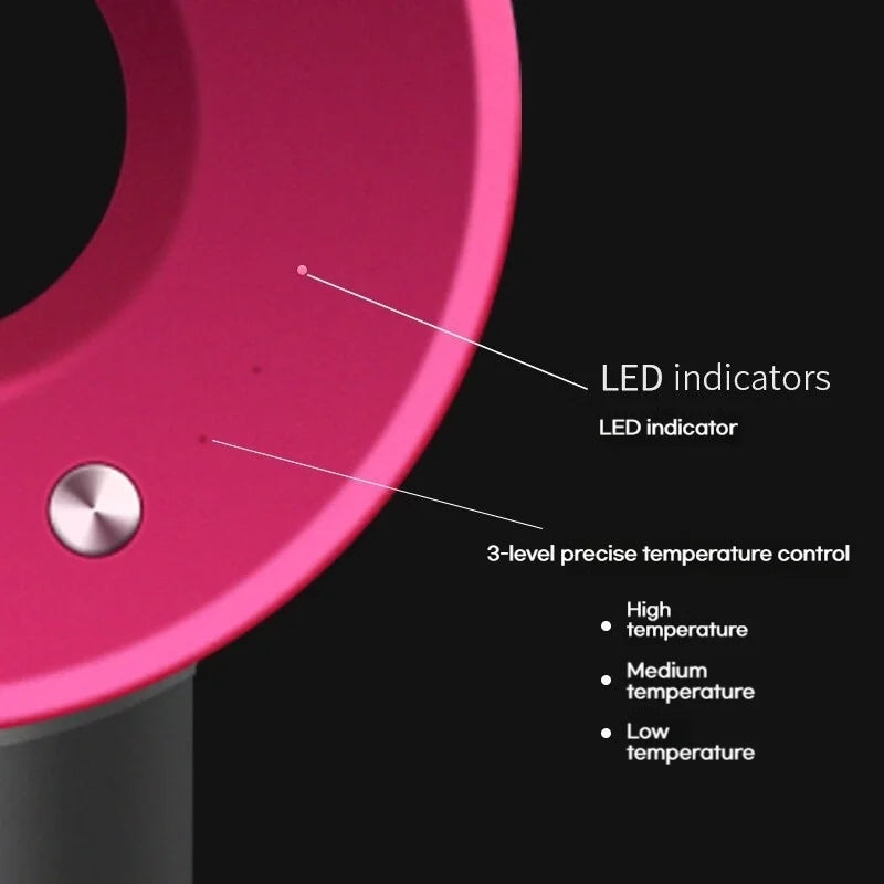 Pink high-speed bladeless hair dryer with 3-level LED temperature control for precise professional hair care styling.