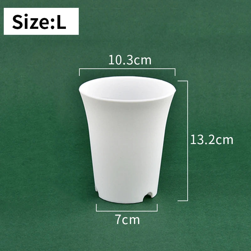 Large white plastic nursery seedling pot, tapered sides and drainage holes