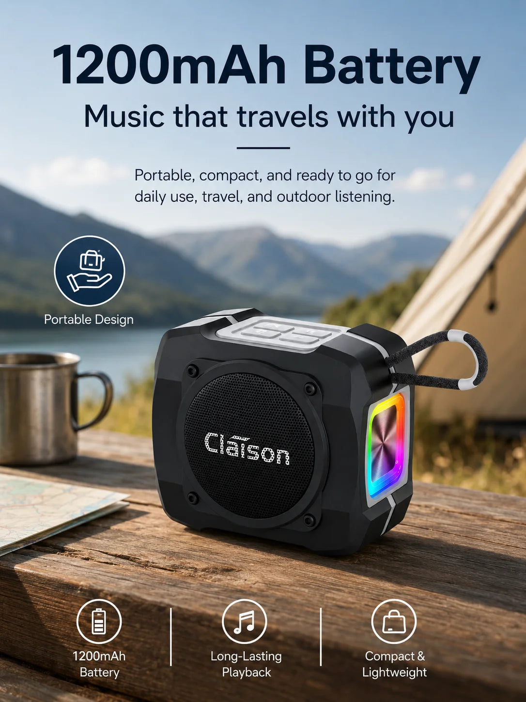 Portable Bluetooth Speaker, Bluetooth 5.3, TWS Pairing, 52mm Driver, 5W Output, 1200mAh Battery, RGB Light, FM Radio, TF Card and USB Playback, IPX6 Water Resistant Design for Outdoor, Camping, Travel and Home Use