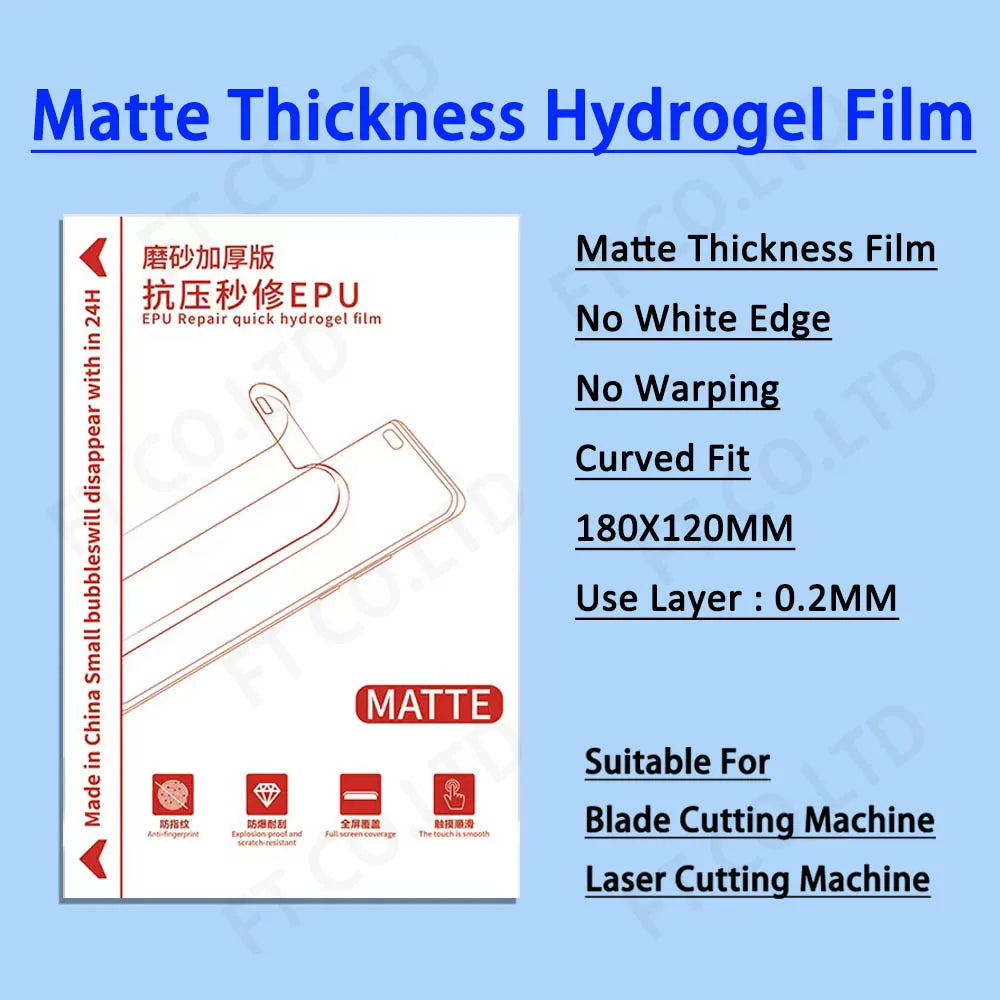 Matte thickness hydrogel film sheets, 180x120mm; curved fit for blade or laser cutting