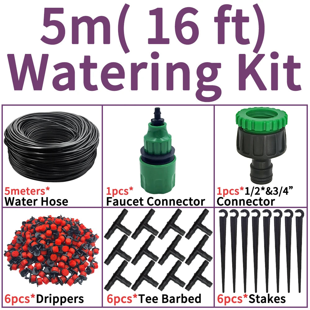 5M micro drip watering kit with black hose, faucet connector, drippers, and stakes