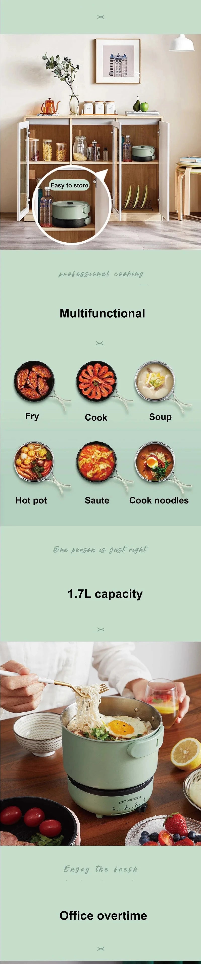 Green electric cooking pot on countertop with display icons for soup, fry, and noodles