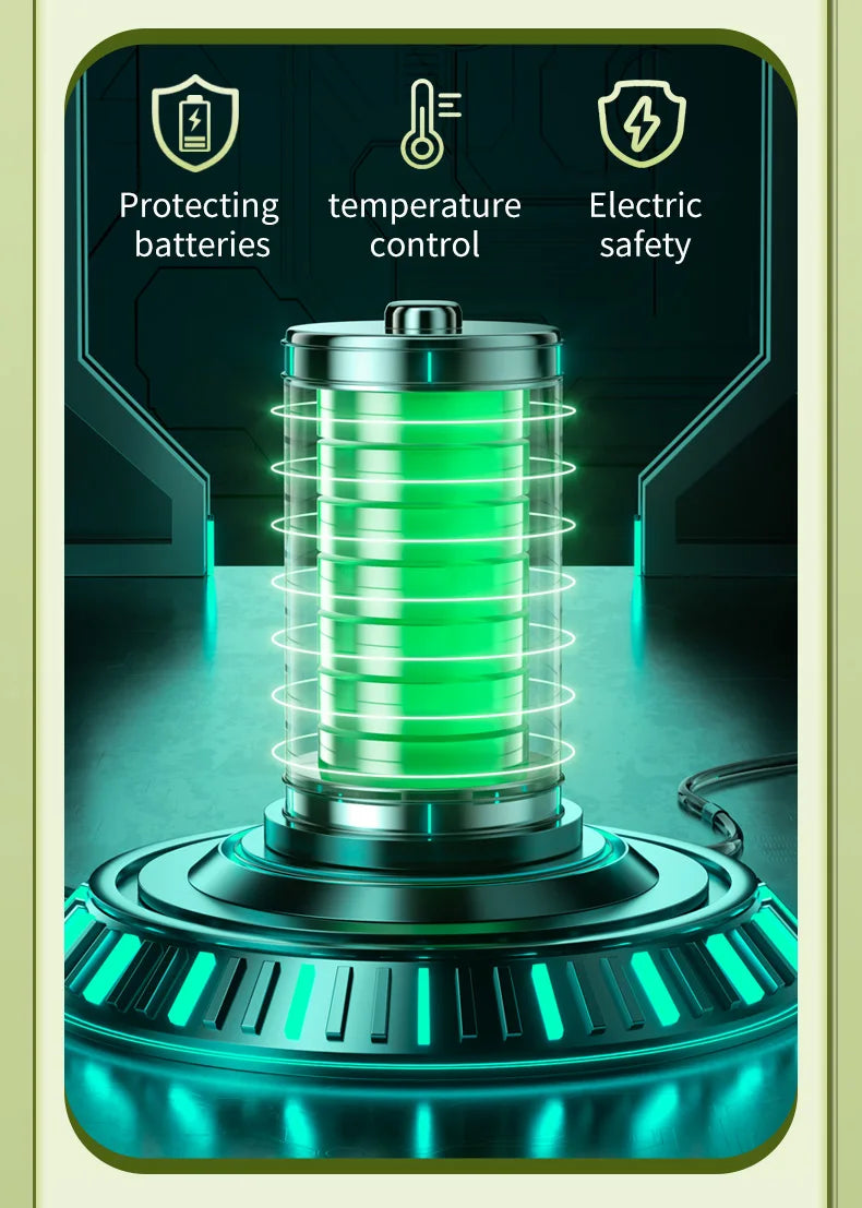 Electric coffee maker base with glowing green cylindrical battery pack and temperature control safety features.