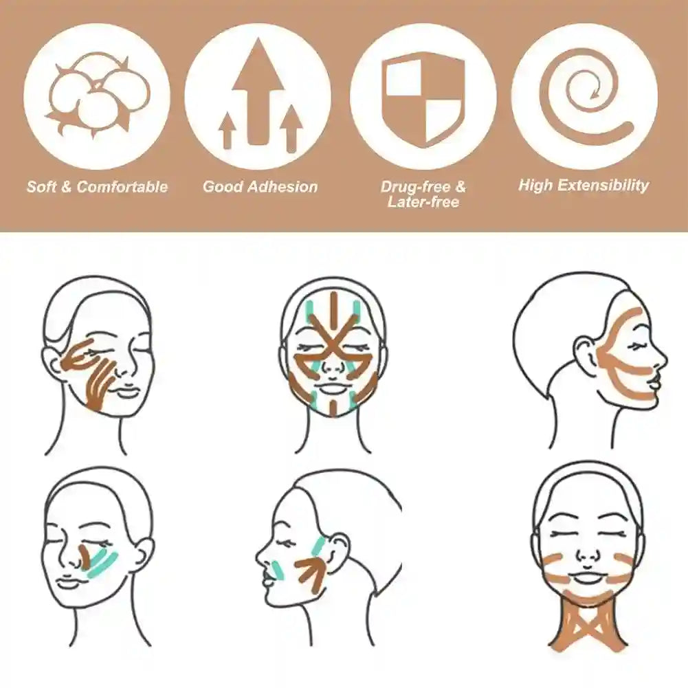 Facial kinesiology tape strips shown on diagrams for application to cheek, jaw, and neck areas for muscle support.