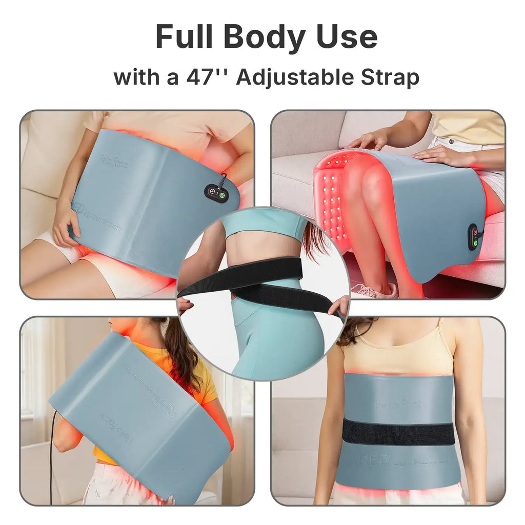 Blue Hello Face LED light therapy mat with 47-inch adjustable black strap for full-body pain relief.