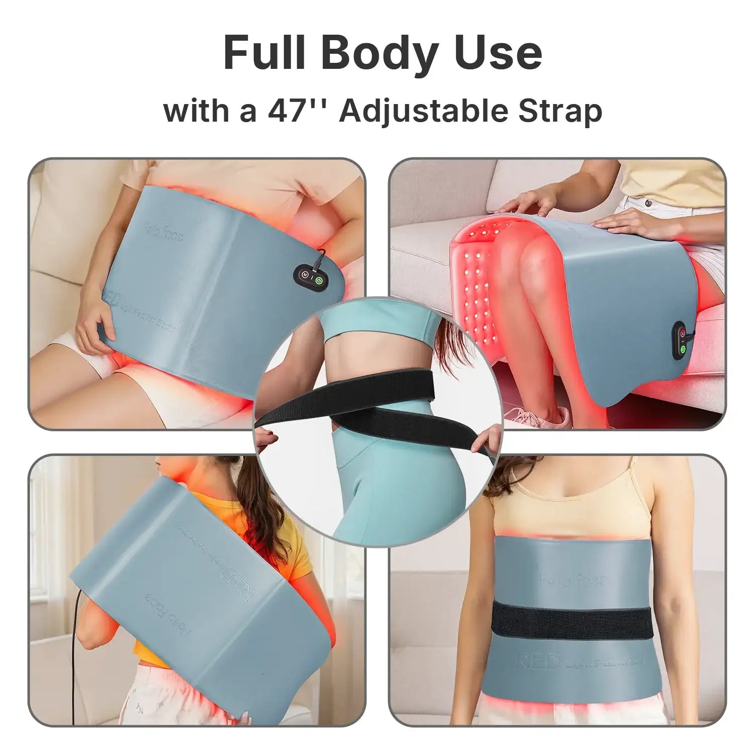 Blue Hello Face LED light therapy mat with 47-inch adjustable black strap for full-body pain relief.