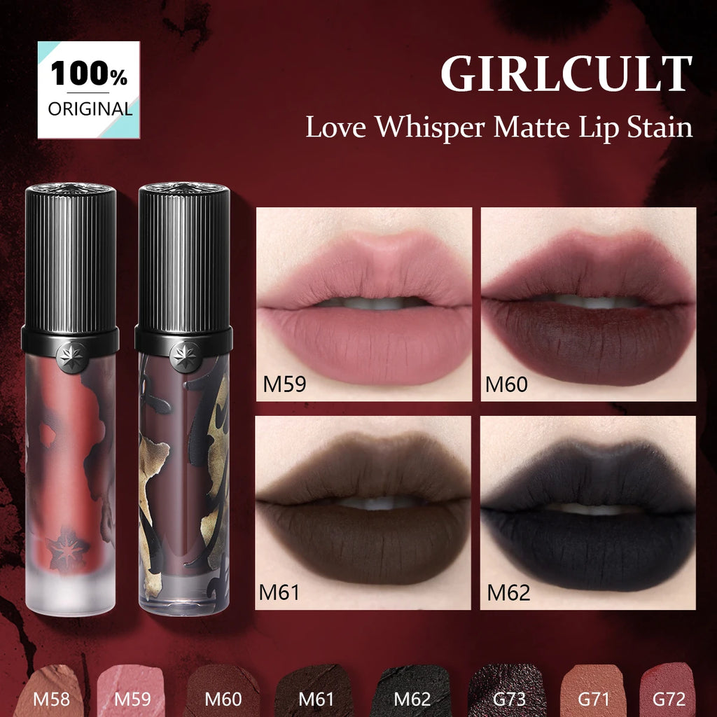 Girlcult Love Whisper velvet matte lip stain set showing lightweight, soft-focus matte lipstick shades on lips.