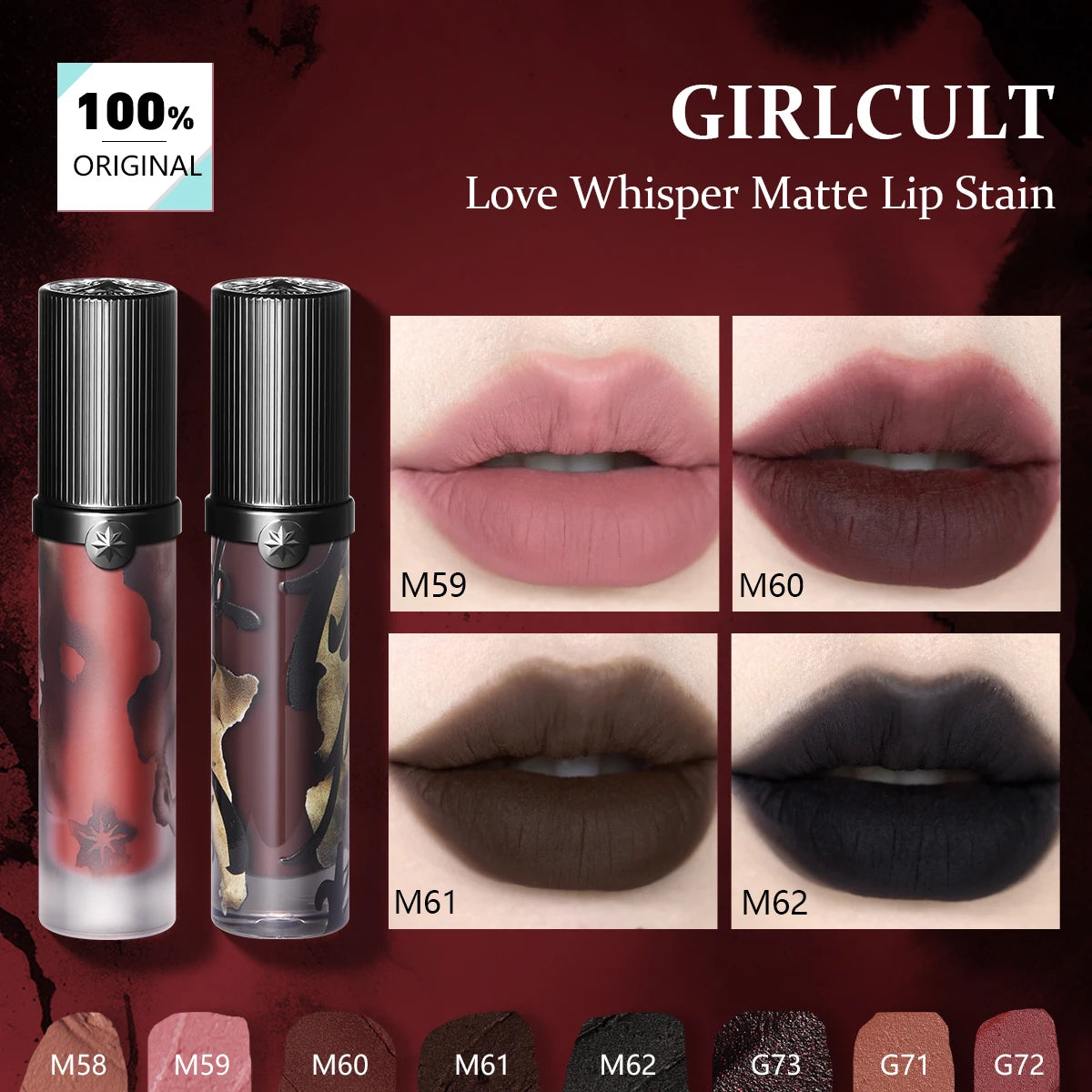 Girlcult Love Whisper velvet matte lip stain set showing lightweight, soft-focus matte lipstick shades on lips.