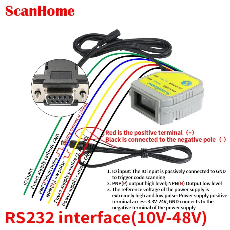 Fixed-mount barcode scanner module with RS232 interface wiring and terminal blocks