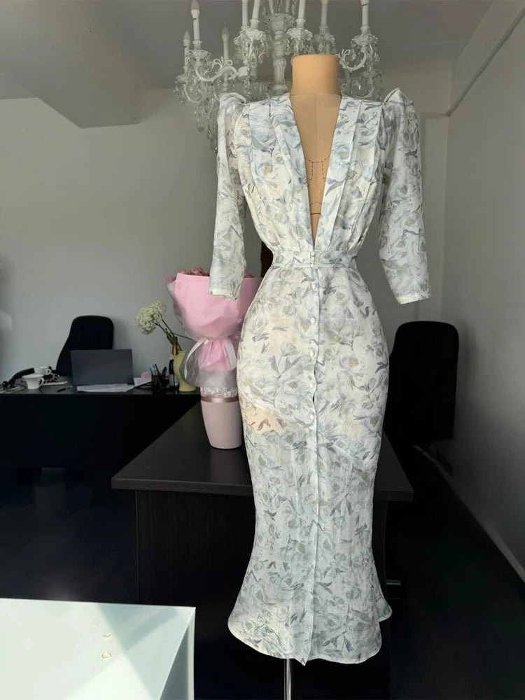 Fashion Sexy Organza Floral Printed Maxi Dress V-neck Puff Sleeve 2026 New Summer Romantic Women Party Gown Elegant Lady Vestido