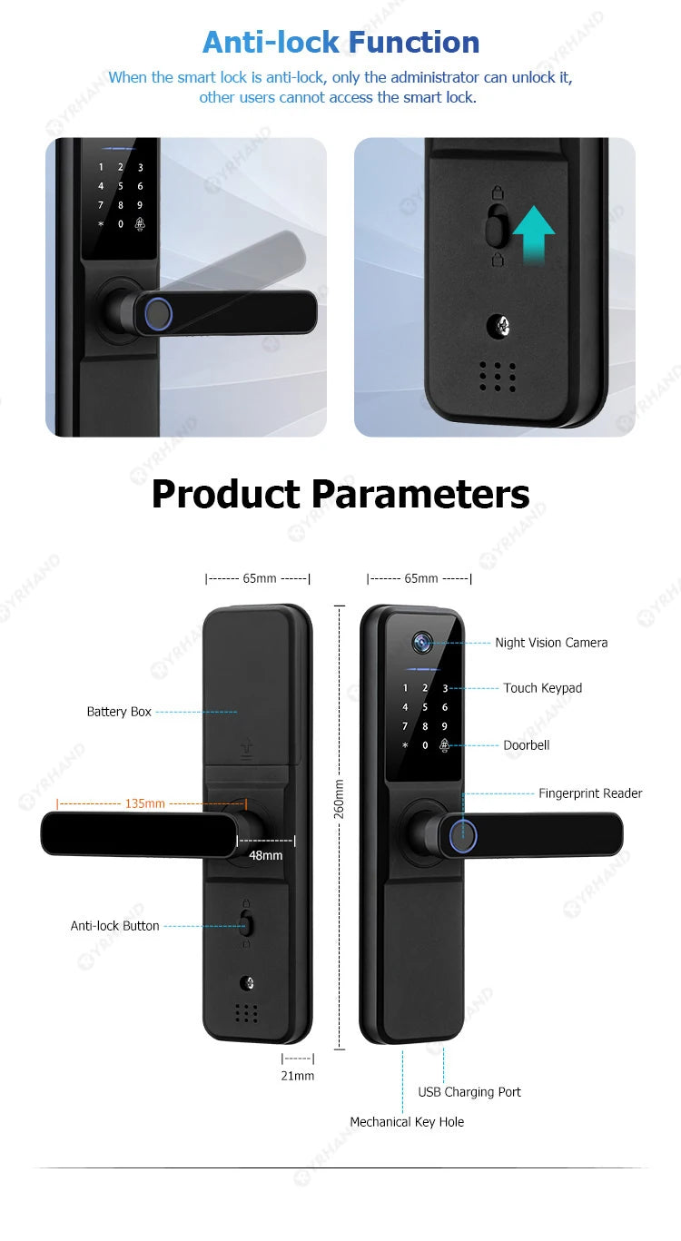 YRHAND Tuya Wifi fechadura eletronica digital Smart Door Lock With Biometric Camera Fingerprint Smart Card Password For home