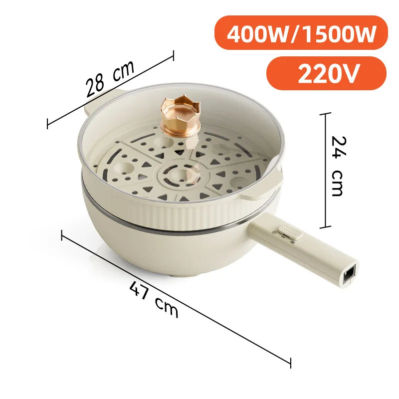 White electric hot pot with steamer top, 28 cm width, 24 cm height, 220V