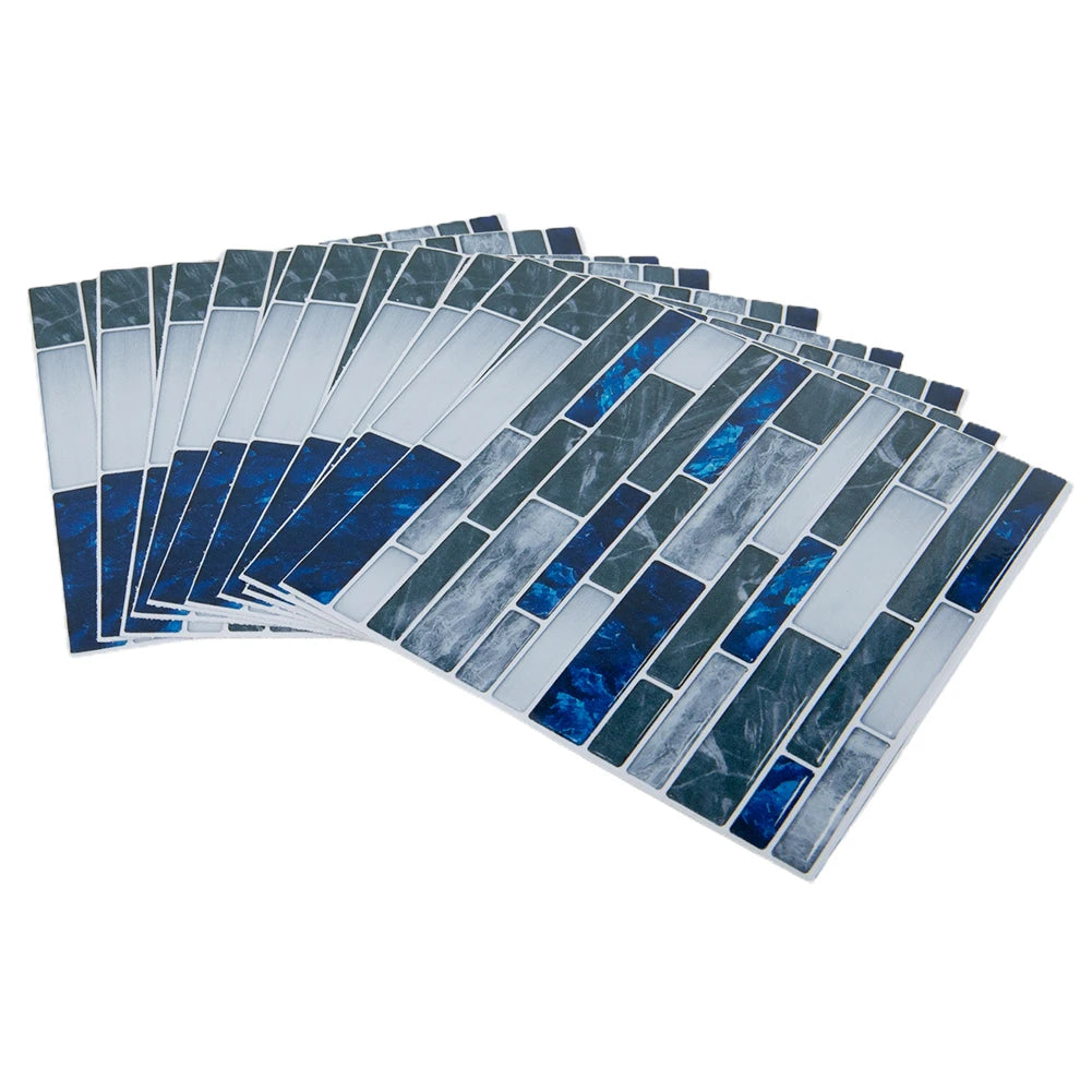 Blue and gray mosaic tile wall stickers in staggered brick layout, set of 10