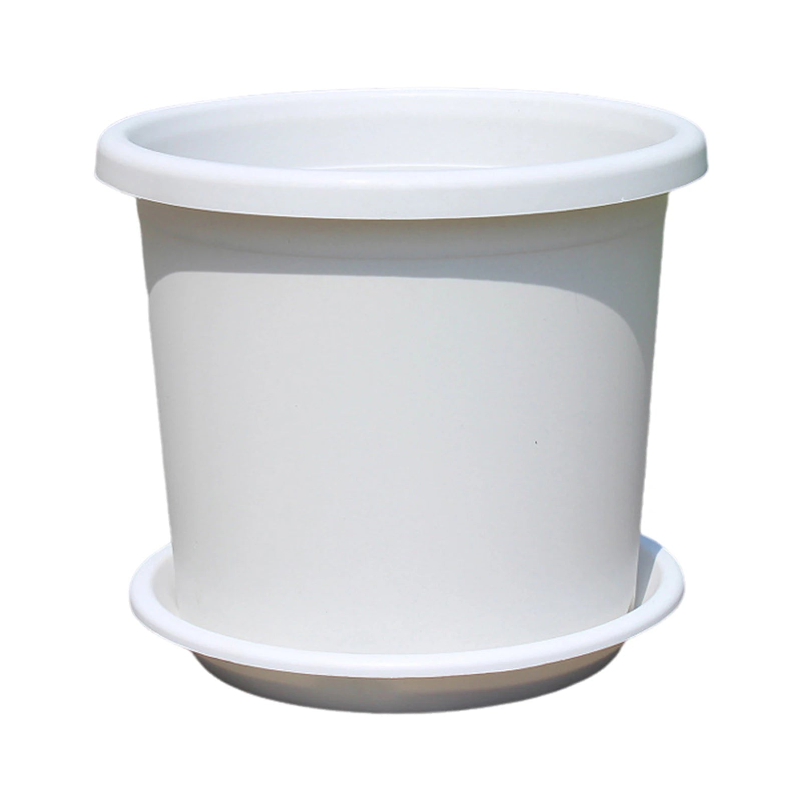 Large plastic water-absorbing flowerpot with matching saucer, white