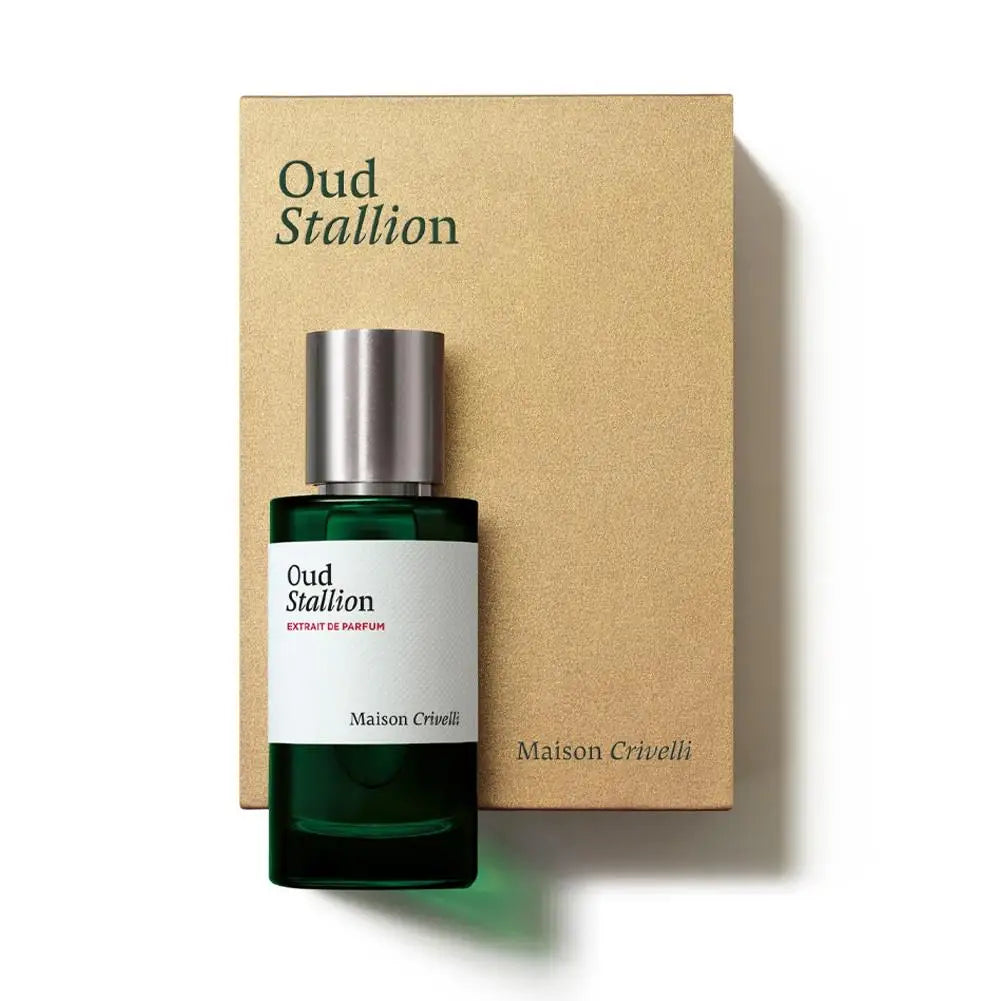 Maison Crivelli Oud Stallion Extrait de Parfum: unisex green glass bottle with metal cap, luxury Arabic-style cologne.