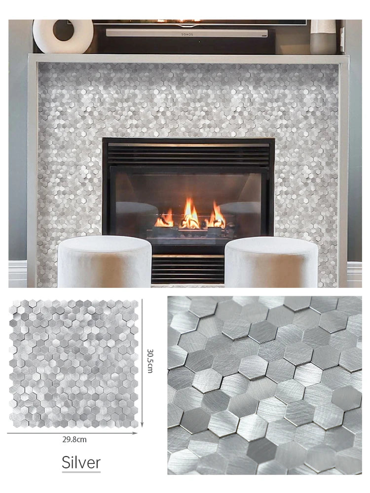Silver hexagon 3D metal peel-and-stick backsplash tiles, self-adhesive wall squares