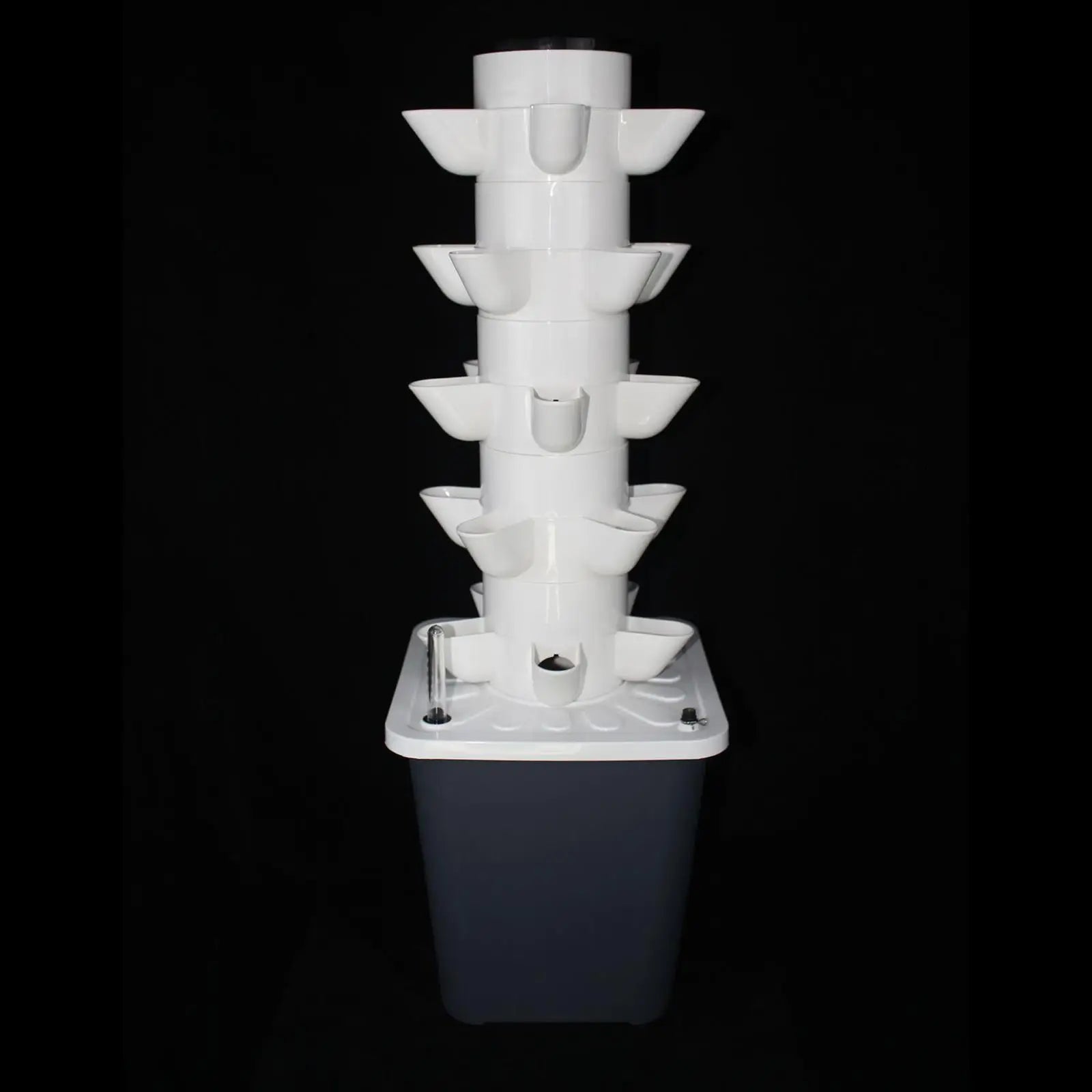 Stackable vertical hydroponic planter tower with white plastic cups and base reservoir