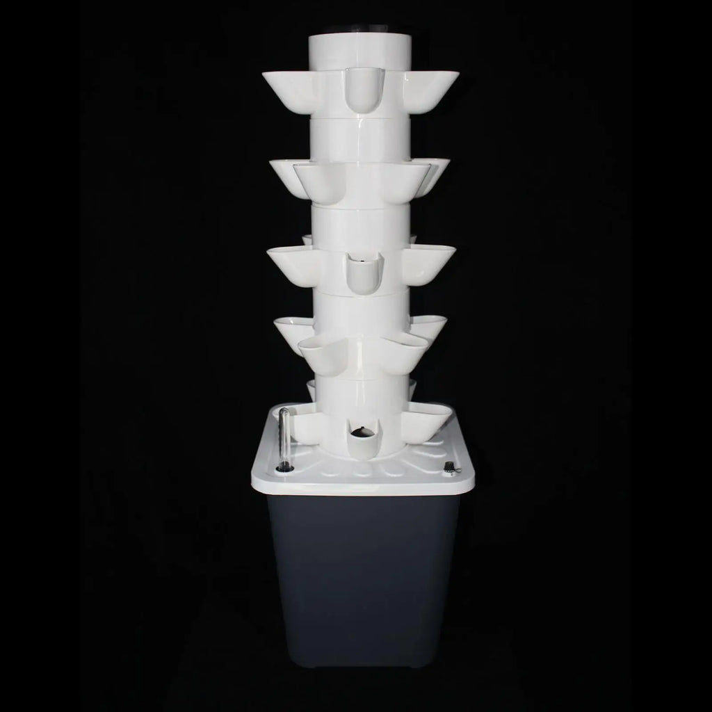 Stackable vertical hydroponic planter tower with white plastic cups and base reservoir