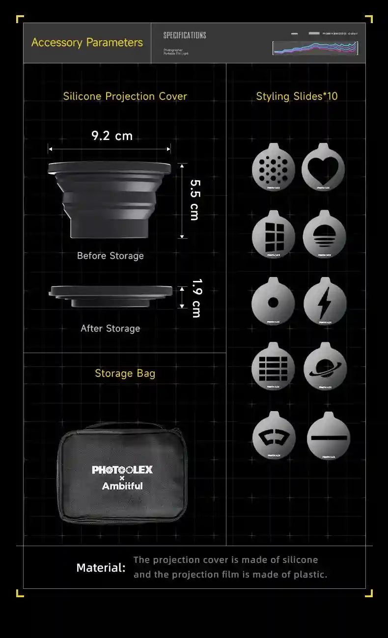 Collapsible silicone projection cover, 10 plastic pattern slides, and a black storage bag for light shaping.