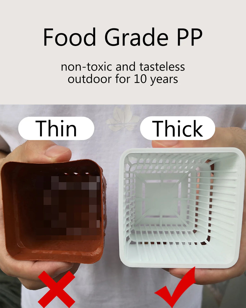 Thick white perforated pot insert beside thin dark insert, both with drainage and channels