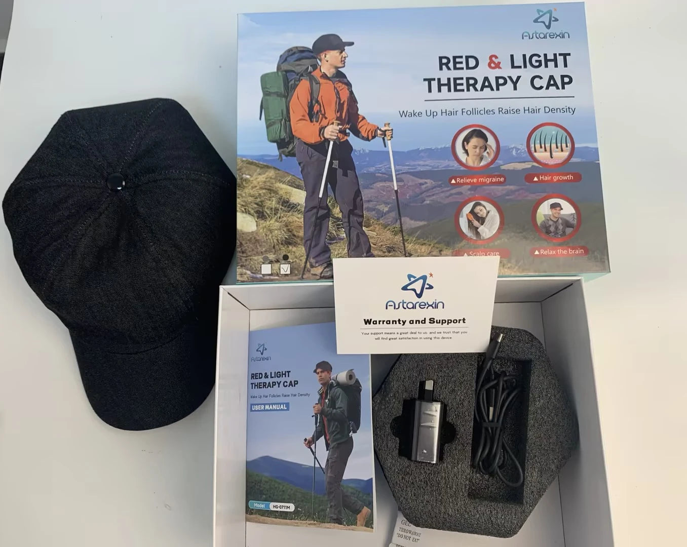 Astarexin red light therapy hair growth cap with LED tech for hair loss, migraine relief, and scalp relaxation.