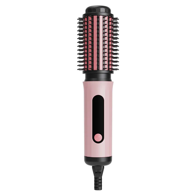 Pink TINSOL negative ion hot air brush for styling, curling, and straightening hair with rounded bristle design.
